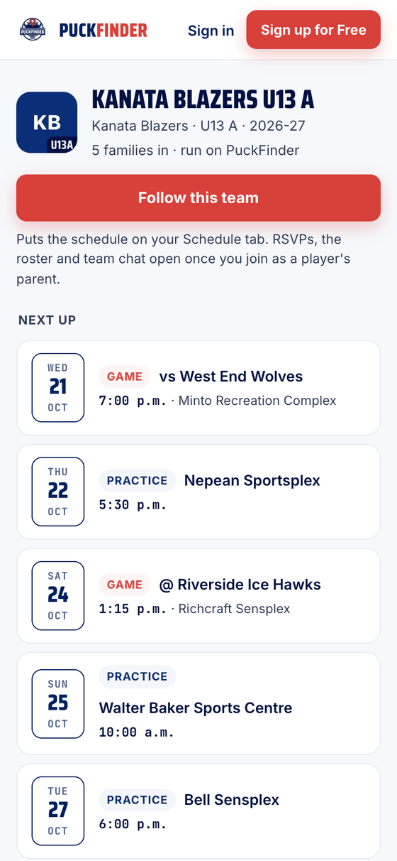 A team's public page: Follow this team, then its next games and practices