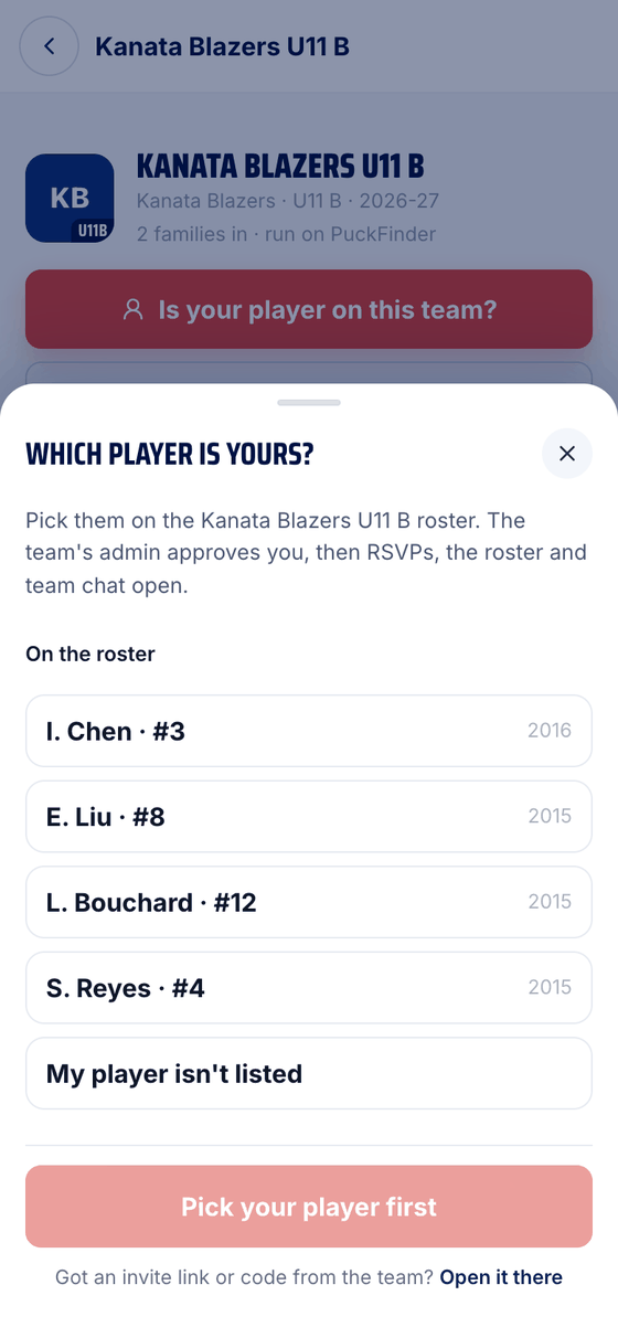 Which player is yours? The team's roster to pick from, and My player isn't listed