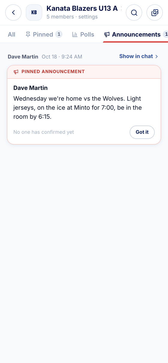 The Announcements tab: a pinned announcement about Wednesday's game, with Got it