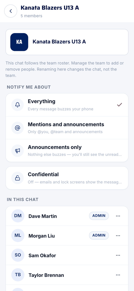 Chat settings: Everything, Mentions and announcements, Announcements only, and Confidential