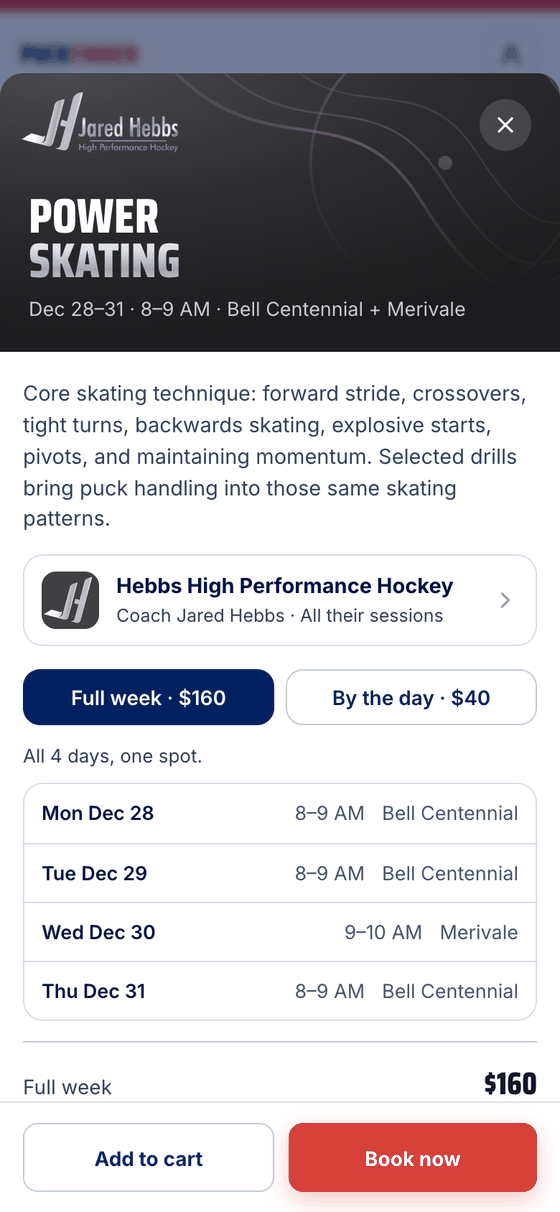 The Power Skating camp: the organizer, Full week or By the day, and four days with Wednesday at Merivale