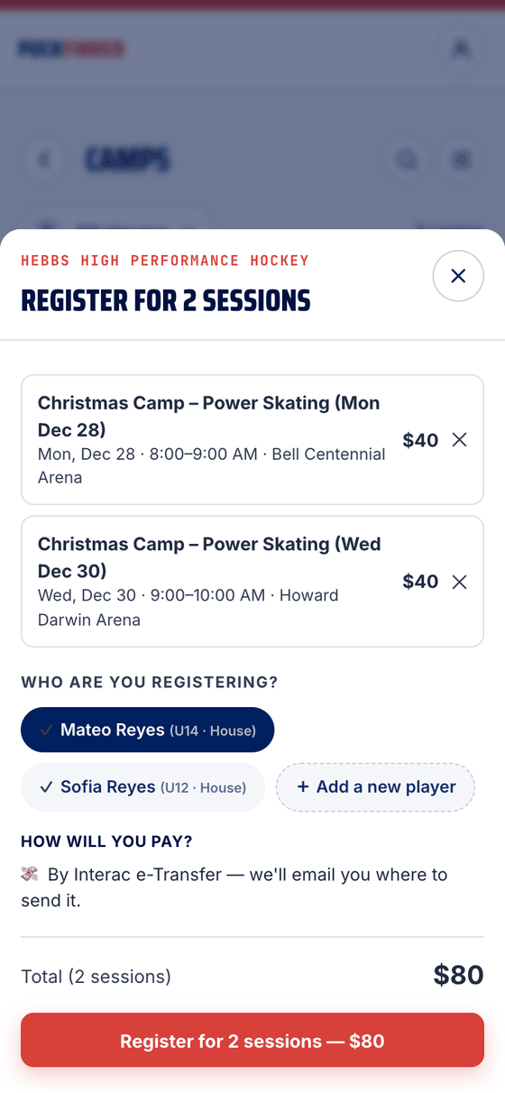 Register for 2 sessions: two camp days, the player picked, e-Transfer, and Register for 2 sessions — $80