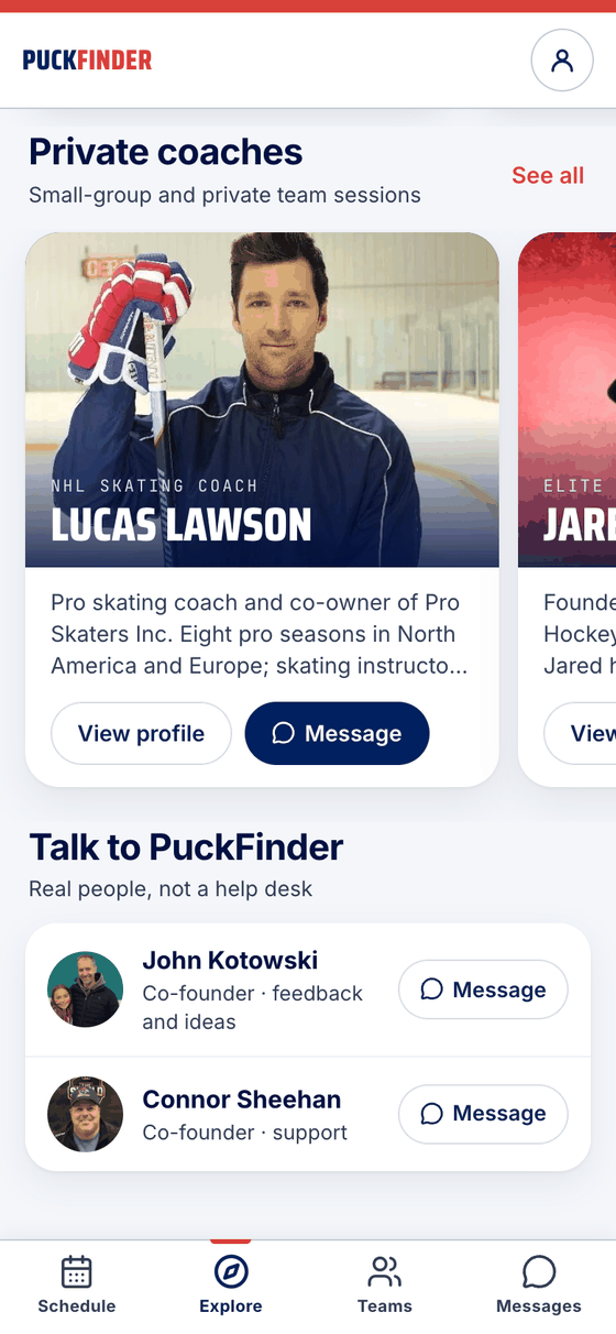 Private coaches, then Talk to PuckFinder: John Kotowski and Connor Sheehan, each with Message