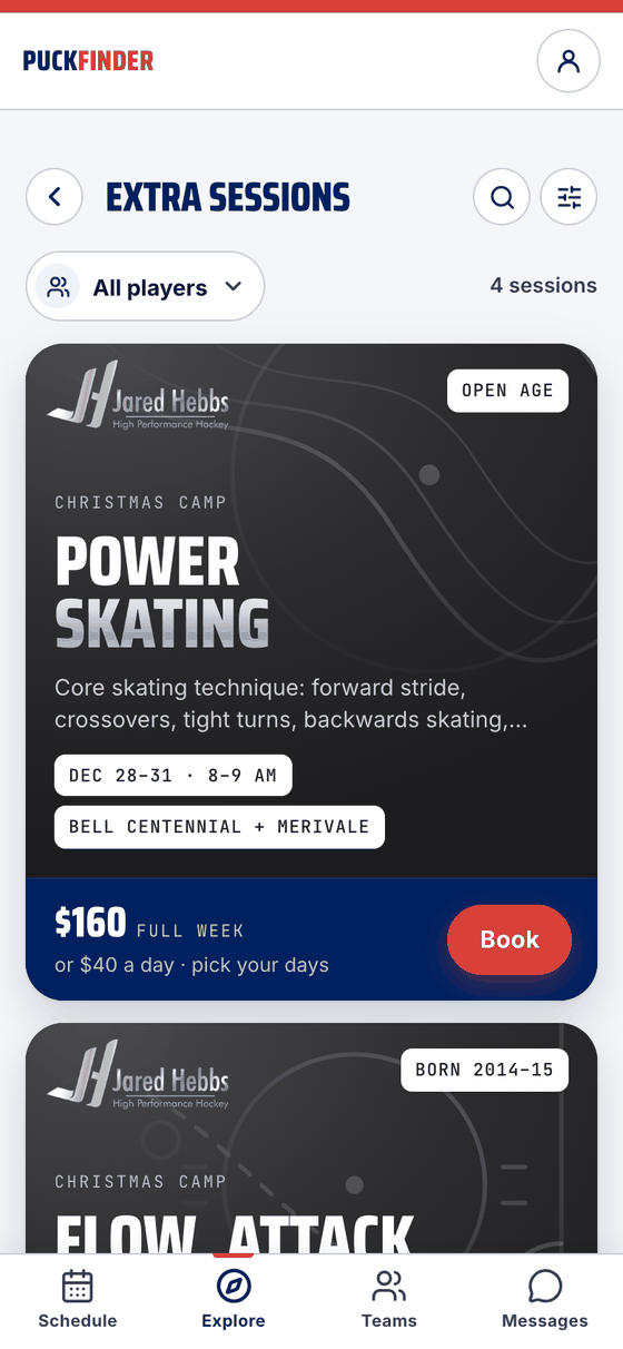 Extra sessions on Explore: an organizer's Power Skating camp as its poster, with Book