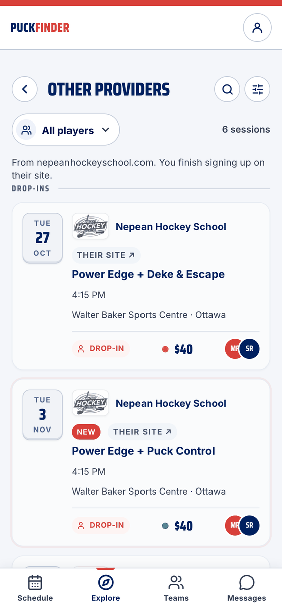Other providers: Nepean Hockey School drop-ins, each tagged Their site