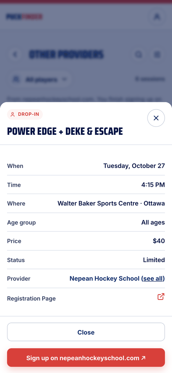 A drop-in's details with a Sign up on nepeanhockeyschool.com button
