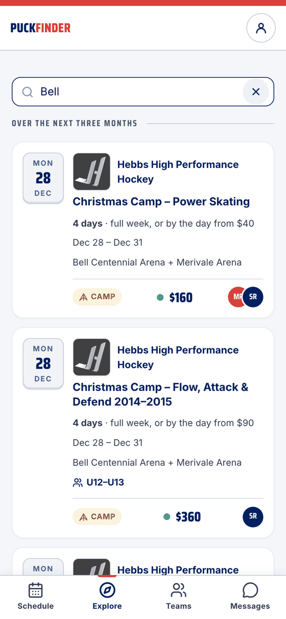 A search for Bell listing camps at Bell Centennial Arena