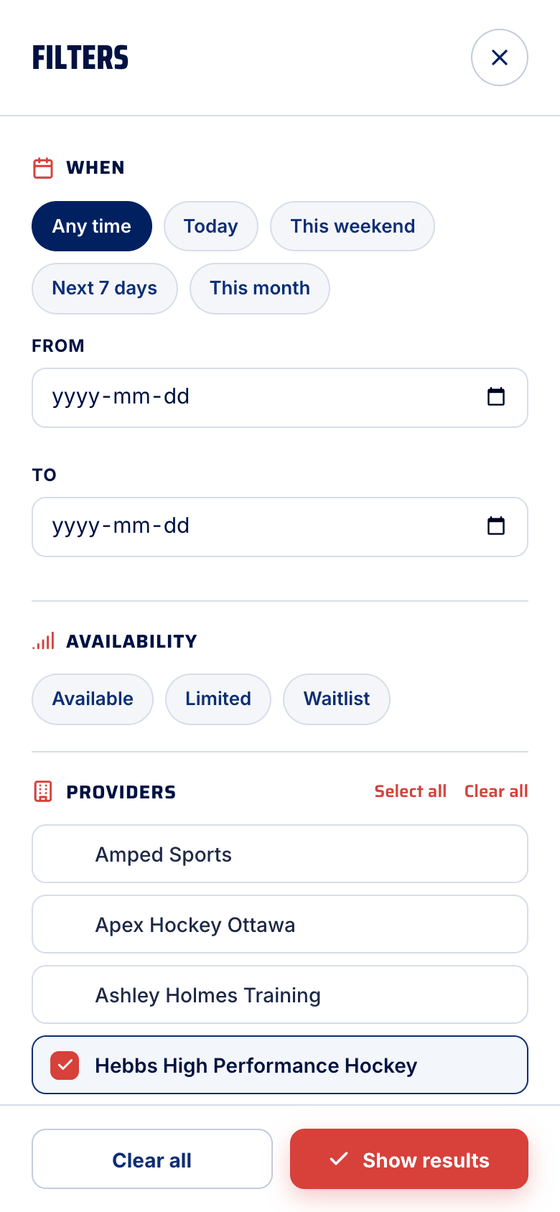 The Filters sheet: When, From and To, Availability and Providers