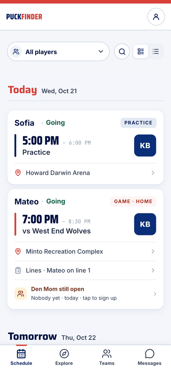 A parent's Schedule: the game card ends with Den Mom still open · Nobody yet · tap to sign up