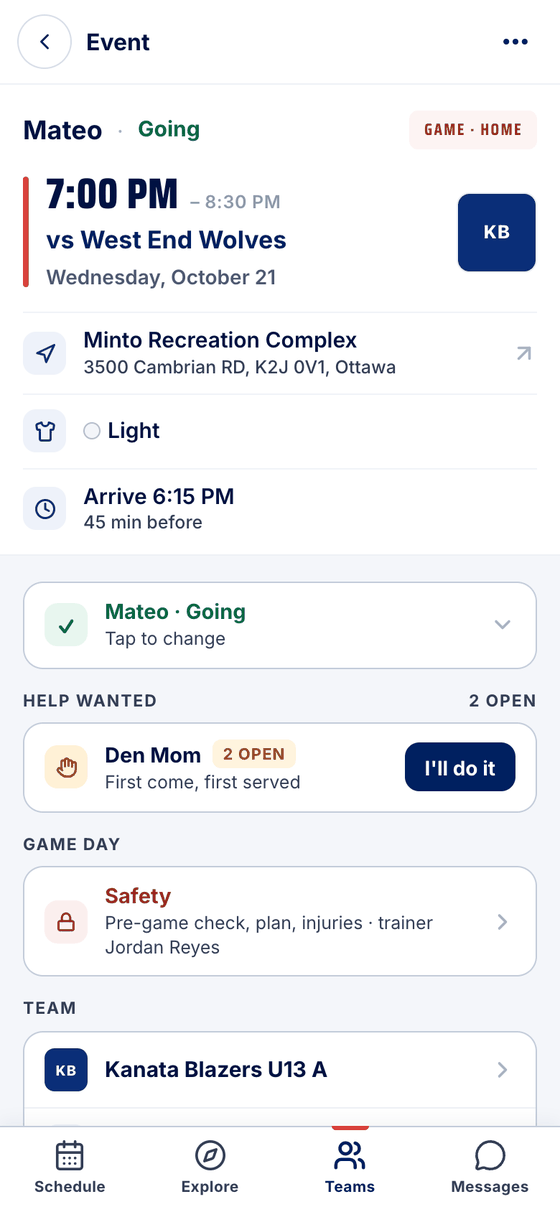 A game's page: Minto Recreation Complex with its address, Light jersey, Arrive 6:15 PM, and Mateo marked Going