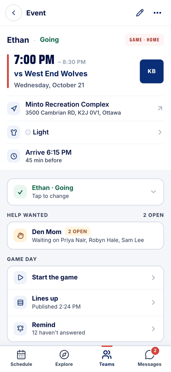 The admin's view of the event: Den Mom 2 open, Waiting on three parents