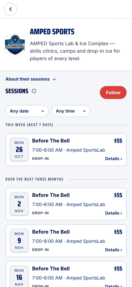 Amped Sports' page: their drop-ins, Any date and Any time filters, and Follow