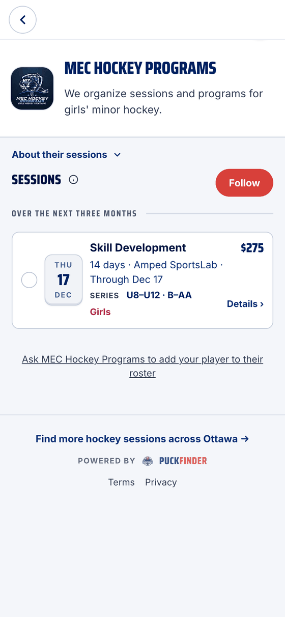 MEC Hockey Programs' page: their weekly program with a select circle, and Follow