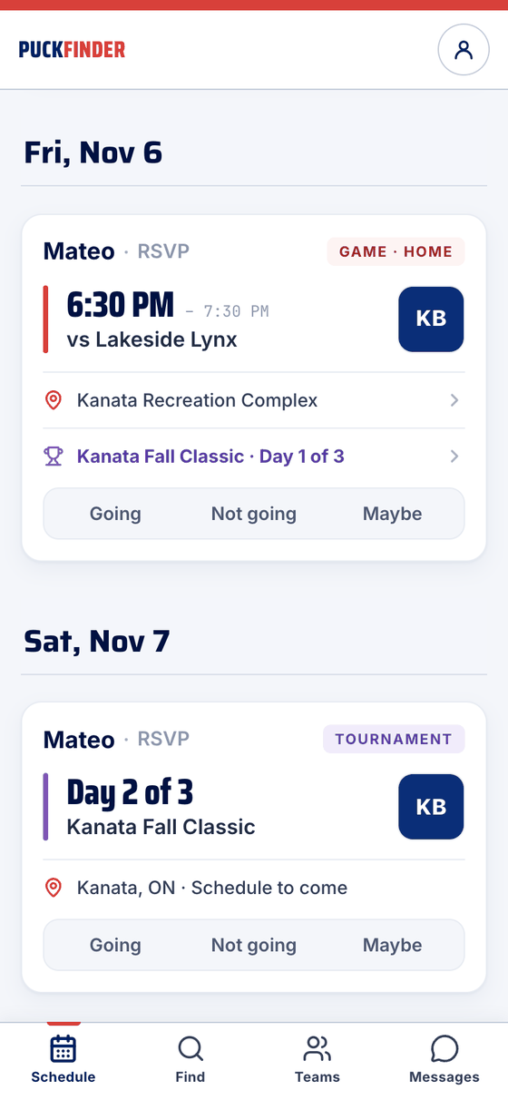 A game card on the Schedule with Going, Not going and Maybe