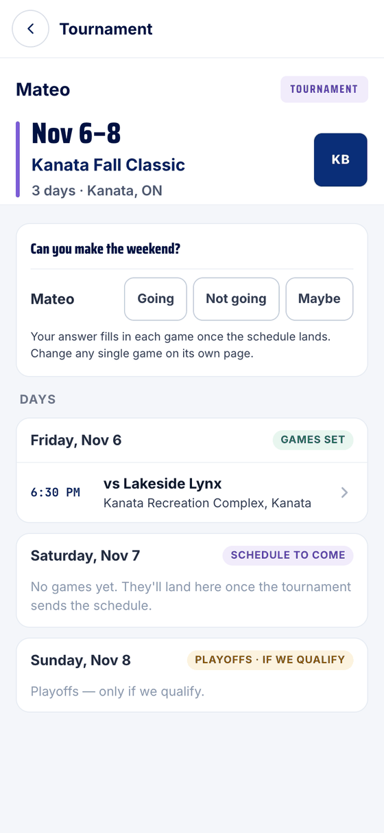 The tournament page: Can you make the weekend?, then each day and its games