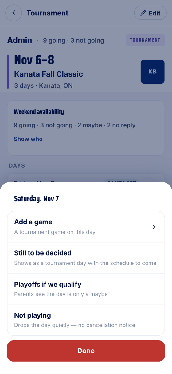 An admin's tournament page with the weekend's answers, and the sheet for one day