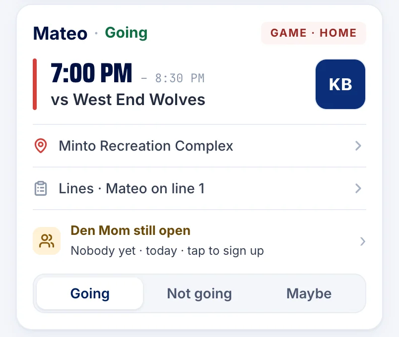 A game card with Going, Not going and Maybe