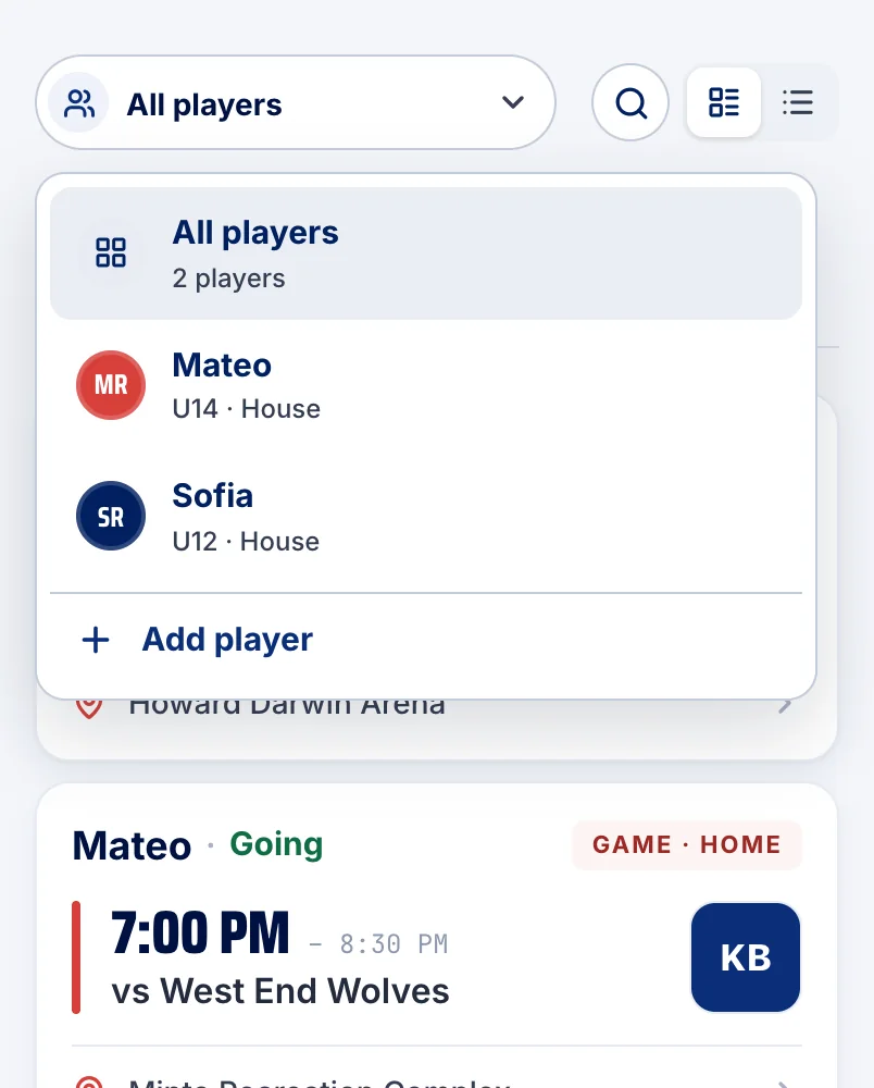 The player switcher: All players, Mateo and Sofia